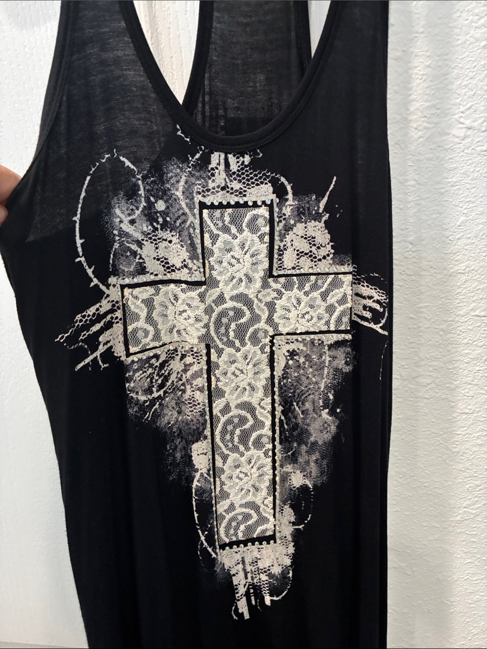 Vocal Black Tank Top with White Lace Cross Graphic